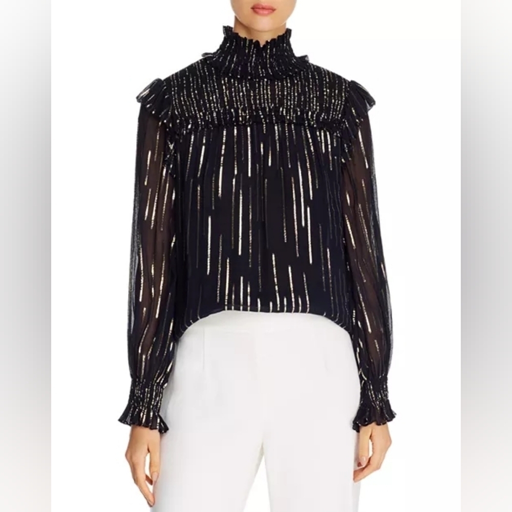 Elie Tahari Silk Zariah Metallic Mock-Neck Blouse